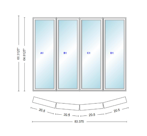 Andersen 400 Series 4 Wide Casement Bow Window 83 3/8" Wide Casements With Fixed Casement Flankers 10 Degree Angle Of Deflection Vinyl Exterior Wood Interior Low-E4 Dual Pane Argon Gas