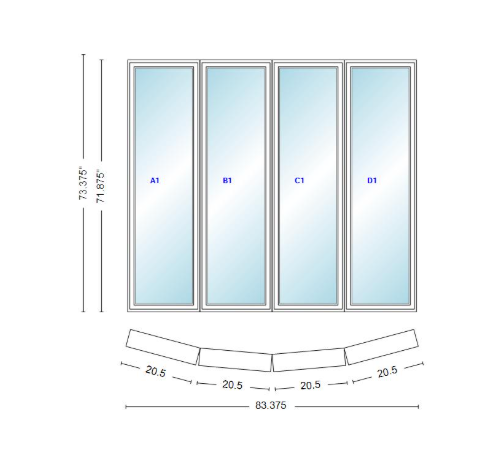 Andersen 400 Series 4 Wide Casement Bow Window 83 3/8" Wide Casements With Fixed Casement Flankers 10 Degree Angle Of Deflection Vinyl Exterior Wood Interior Low-E4 Dual Pane Argon Gas