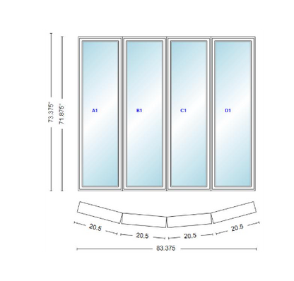 Andersen 400 Series 4 Wide Casement Bow Window 83 3/8" Wide Casements With Fixed Casement Flankers 10 Degree Angle Of Deflection Vinyl Exterior Wood Interior Low-E4 Dual Pane Argon Gas