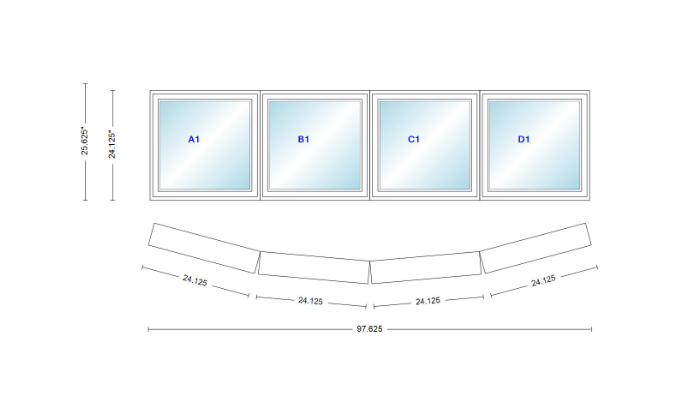 Andersen 400 Series 4 Wide Casement Bow Window 97 5/8" Wide Casements With Fixed Casement Flankers 10 Degree Angle Of Deflection Vinyl Exterior Wood Interior Low-E4 Dual Pane Argon Gas