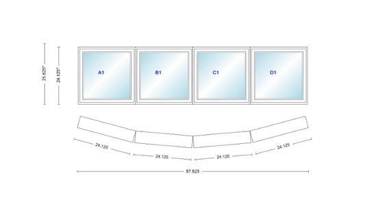 Andersen 400 Series 4 Wide Casement Bow Window 97 5/8" Wide Casements With Fixed Casement Flankers 10 Degree Angle Of Deflection Vinyl Exterior Wood Interior Low-E4 Dual Pane Argon Gas