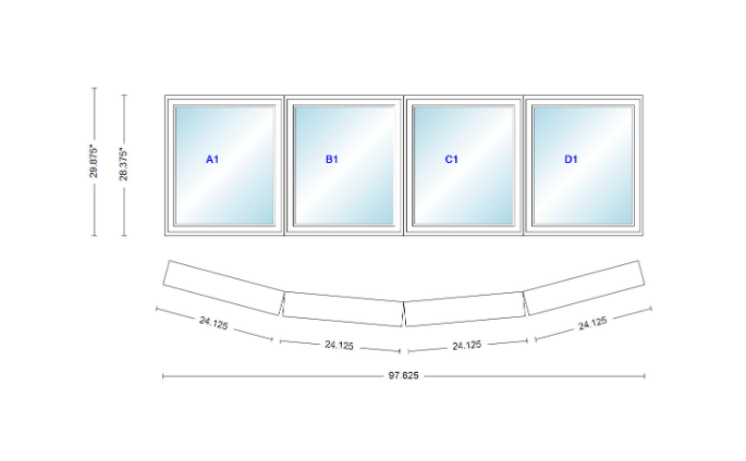 Andersen 400 Series 4 Wide Casement Bow Window 97 5/8" Wide Casements With Fixed Casement Flankers 10 Degree Angle Of Deflection Vinyl Exterior Wood Interior Low-E4 Dual Pane Argon Gas