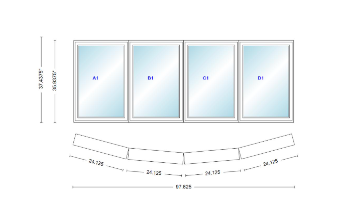 Andersen 400 Series 4 Wide Casement Bow Window 97 5/8" Wide Casements With Fixed Casement Flankers 10 Degree Angle Of Deflection Vinyl Exterior Wood Interior Low-E4 Dual Pane Argon Gas