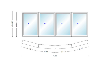 Andersen 400 Series 4 Wide Casement Bow Window 97 5/8" Wide Casements With Fixed Casement Flankers 10 Degree Angle Of Deflection Vinyl Exterior Wood Interior Low-E4 Dual Pane Argon Gas