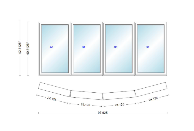 Andersen 400 Series 4 Wide Casement Bow Window 97 5/8" Wide Casements With Fixed Casement Flankers 10 Degree Angle Of Deflection Vinyl Exterior Wood Interior Low-E4 Dual Pane Argon Gas