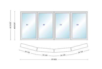 Andersen 400 Series 4 Wide Casement Bow Window 97 5/8" Wide Casements With Fixed Casement Flankers 10 Degree Angle Of Deflection Vinyl Exterior Wood Interior Low-E4 Dual Pane Argon Gas