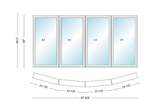 Andersen 400 Series 4 Wide Casement Bow Window 97 5/8" Wide Casements With Fixed Casement Flankers 10 Degree Angle Of Deflection Vinyl Exterior Wood Interior Low-E4 Dual Pane Argon Gas