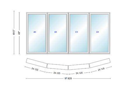 Andersen 400 Series 4 Wide Casement Bow Window 97 5/8" Wide Casements With Fixed Casement Flankers 10 Degree Angle Of Deflection Vinyl Exterior Wood Interior Low-E4 Dual Pane Argon Gas