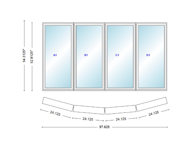 Andersen 400 Series 4 Wide Casement Bow Window 97 5/8" Wide Casements With Fixed Casement Flankers 10 Degree Angle Of Deflection Vinyl Exterior Wood Interior Low-E4 Dual Pane Argon Gas