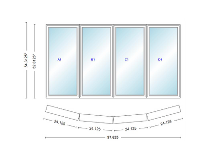 Andersen 400 Series 4 Wide Casement Bow Window 97 5/8" Wide Casements With Fixed Casement Flankers 10 Degree Angle Of Deflection Vinyl Exterior Wood Interior Low-E4 Dual Pane Argon Gas