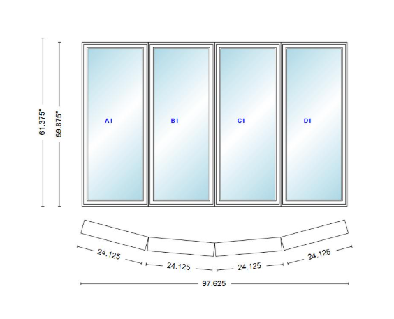 Andersen 400 Series 4 Wide Casement Bow Window 97 5/8" Wide Casements With Fixed Casement Flankers 10 Degree Angle Of Deflection Vinyl Exterior Wood Interior Low-E4 Dual Pane Argon Gas