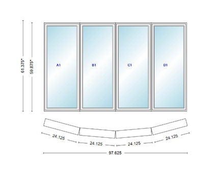 Andersen 400 Series 4 Wide Casement Bow Window 97 5/8" Wide Casements With Fixed Casement Flankers 10 Degree Angle Of Deflection Vinyl Exterior Wood Interior Low-E4 Dual Pane Argon Gas