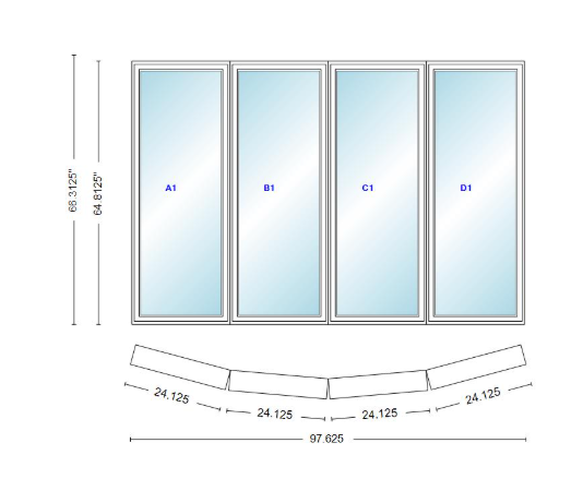 Andersen 400 Series 4 Wide Casement Bow Window 97 5/8" Wide Casements With Fixed Casement Flankers 10 Degree Angle Of Deflection Vinyl Exterior Wood Interior Low-E4 Dual Pane Argon Gas