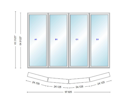 Andersen 400 Series 4 Wide Casement Bow Window 97 5/8" Wide Casements With Fixed Casement Flankers 10 Degree Angle Of Deflection Vinyl Exterior Wood Interior Low-E4 Dual Pane Argon Gas