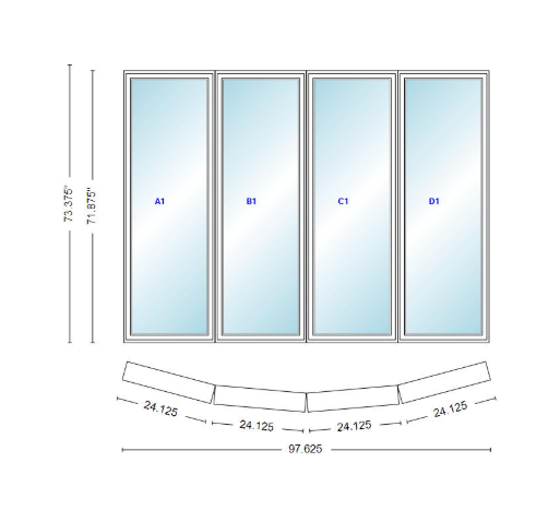 Andersen 400 Series 4 Wide Casement Bow Window 97 5/8" Wide Casements With Fixed Casement Flankers 10 Degree Angle Of Deflection Vinyl Exterior Wood Interior Low-E4 Dual Pane Argon Gas
