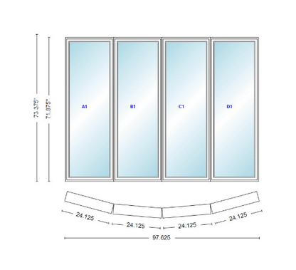 Andersen 400 Series 4 Wide Casement Bow Window 97 5/8" Wide Casements With Fixed Casement Flankers 10 Degree Angle Of Deflection Vinyl Exterior Wood Interior Low-E4 Dual Pane Argon Gas