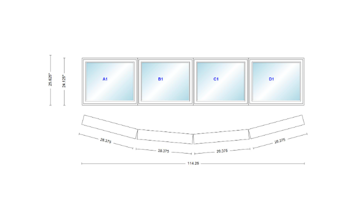 Andersen 400 Series 4 Wide Casement Bow Window 114 1/4" Wide Casements With Fixed Casement Flankers 10 Degree Angle Of Deflection Vinyl Exterior Wood Interior Low-E4 Dual Pane Argon Gas