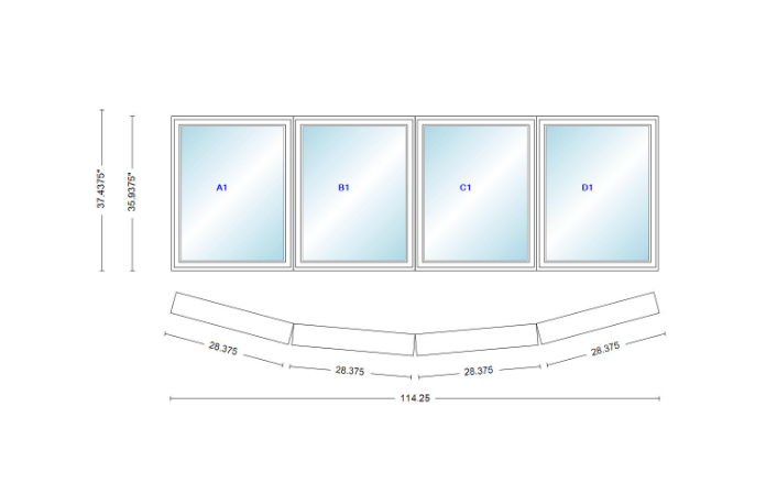 Andersen 400 Series 4 Wide Casement Bow Window 114 1/4" Wide Casements With Fixed Casement Flankers 10 Degree Angle Of Deflection Vinyl Exterior Wood Interior Low-E4 Dual Pane Argon Gas