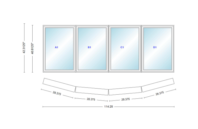 Andersen 400 Series 4 Wide Casement Bow Window 114 1/4" Wide Casements With Fixed Casement Flankers 10 Degree Angle Of Deflection Vinyl Exterior Wood Interior Low-E4 Dual Pane Argon Gas