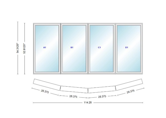Andersen 400 Series 4 Wide Casement Bow Window 114 1/4" Wide Casements With Fixed Casement Flankers 10 Degree Angle Of Deflection Vinyl Exterior Wood Interior Low-E4 Dual Pane Argon Gas