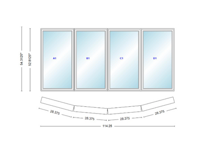Andersen 400 Series 4 Wide Casement Bow Window 114 1/4" Wide Casements With Fixed Casement Flankers 10 Degree Angle Of Deflection Vinyl Exterior Wood Interior Low-E4 Dual Pane Argon Gas