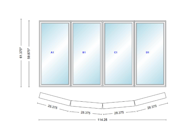 Andersen 400 Series 4 Wide Casement Bow Window 114 1/4" Wide Casements With Fixed Casement Flankers 10 Degree Angle Of Deflection Vinyl Exterior Wood Interior Low-E4 Dual Pane Argon Gas