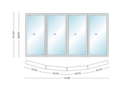 Andersen 400 Series 4 Wide Casement Bow Window 114 1/4" Wide Casements With Fixed Casement Flankers 10 Degree Angle Of Deflection Vinyl Exterior Wood Interior Low-E4 Dual Pane Argon Gas