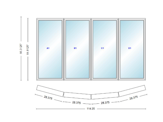 Andersen 400 Series 4 Wide Casement Bow Window 114 1/4" Wide Casements With Fixed Casement Flankers 10 Degree Angle Of Deflection Vinyl Exterior Wood Interior Low-E4 Dual Pane Argon Gas