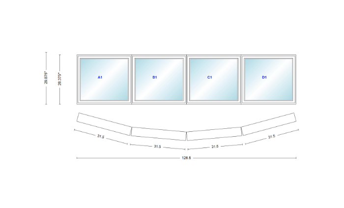 Andersen 400 Series 4 Wide Casement Bow Window 126 1/2" Wide Casements With Fixed Casement Flankers 10 Degree Angle Of Deflection Vinyl Exterior Wood Interior Low-E4 Dual Pane Argon Gas