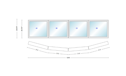 Andersen 400 Series 4 Wide Casement Bow Window 126 1/2" Wide Casements With Fixed Casement Flankers 10 Degree Angle Of Deflection Vinyl Exterior Wood Interior Low-E4 Dual Pane Argon Gas