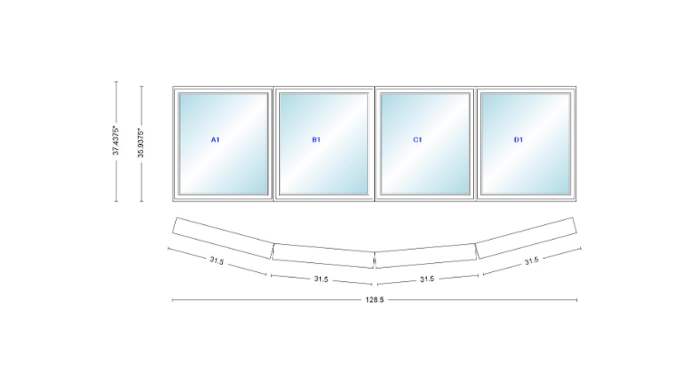 Andersen 400 Series 4 Wide Casement Bow Window 126 1/2" Wide Casements With Fixed Casement Flankers 10 Degree Angle Of Deflection Vinyl Exterior Wood Interior Low-E4 Dual Pane Argon Gas