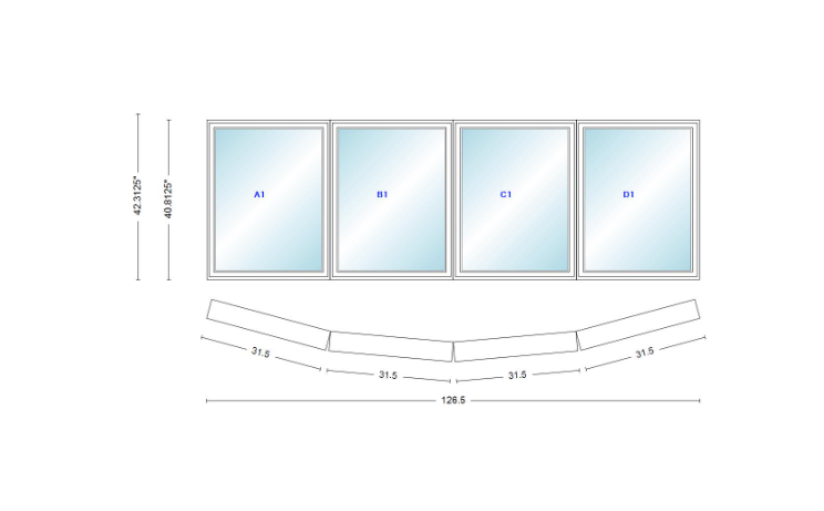 Andersen 400 Series 4 Wide Casement Bow Window 126 1/2" Wide Casements With Fixed Casement Flankers 10 Degree Angle Of Deflection Vinyl Exterior Wood Interior Low-E4 Dual Pane Argon Gas