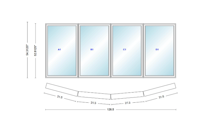Andersen 400 Series 4 Wide Casement Bow Window 126 1/2" Wide Casements With Fixed Casement Flankers 10 Degree Angle Of Deflection Vinyl Exterior Wood Interior Low-E4 Dual Pane Argon Gas