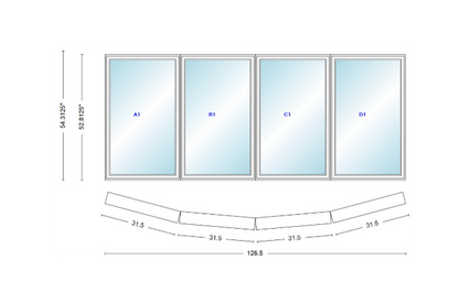 Andersen 400 Series 4 Wide Casement Bow Window 126 1/2" Wide Casements With Fixed Casement Flankers 10 Degree Angle Of Deflection Vinyl Exterior Wood Interior Low-E4 Dual Pane Argon Gas