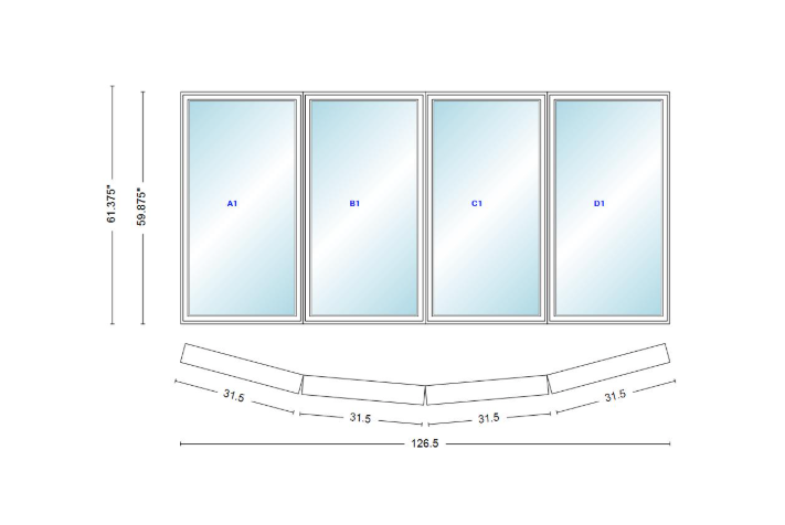 Andersen 400 Series 4 Wide Casement Bow Window 126 1/2" Wide Casements With Fixed Casement Flankers 10 Degree Angle Of Deflection Vinyl Exterior Wood Interior Low-E4 Dual Pane Argon Gas