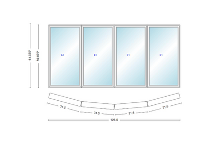 Andersen 400 Series 4 Wide Casement Bow Window 126 1/2" Wide Casements With Fixed Casement Flankers 10 Degree Angle Of Deflection Vinyl Exterior Wood Interior Low-E4 Dual Pane Argon Gas