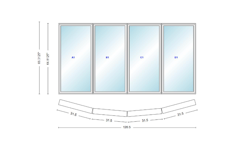 Andersen 400 Series 4 Wide Casement Bow Window 126 1/2" Wide Casements With Fixed Casement Flankers 10 Degree Angle Of Deflection Vinyl Exterior Wood Interior Low-E4 Dual Pane Argon Gas