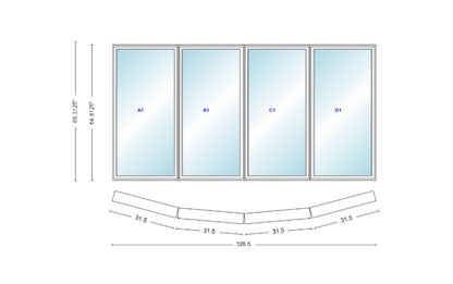 Andersen 400 Series 4 Wide Casement Bow Window 126 1/2" Wide Casements With Fixed Casement Flankers 10 Degree Angle Of Deflection Vinyl Exterior Wood Interior Low-E4 Dual Pane Argon Gas