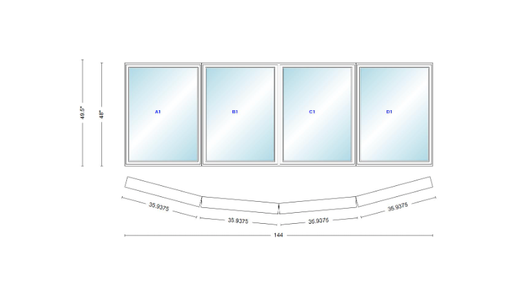 Andersen 400 Series 4 Wide Casement Bow Window 144" Wide Casements With Fixed Casement Flankers 10 Degree Angle Of Deflection Vinyl Exterior Wood Interior Low-E4 Dual Pane Argon Gas