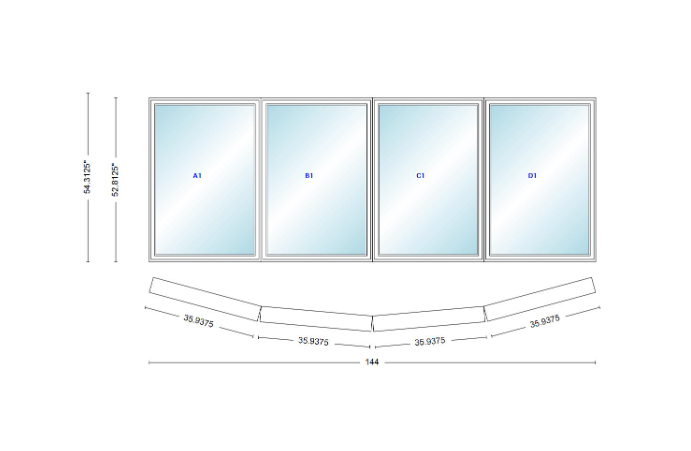 Andersen 400 Series 4 Wide Casement Bow Window 144" Wide Casements With Fixed Casement Flankers 10 Degree Angle Of Deflection Vinyl Exterior Wood Interior Low-E4 Dual Pane Argon Gas