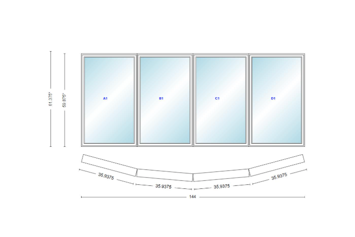 Andersen 400 Series 4 Wide Casement Bow Window 144" Wide Casements With Fixed Casement Flankers 10 Degree Angle Of Deflection Vinyl Exterior Wood Interior Low-E4 Dual Pane Argon Gas