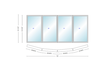 Andersen 400 Series 4 Wide Casement Bow Window 144" Wide Casements With Fixed Casement Flankers 10 Degree Angle Of Deflection Vinyl Exterior Wood Interior Low-E4 Dual Pane Argon Gas