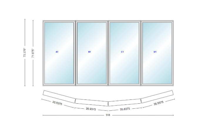 Andersen 400 Series 4 Wide Casement Bow Window 144" Wide Casements With Fixed Casement Flankers 10 Degree Angle Of Deflection Vinyl Exterior Wood Interior Low-E4 Dual Pane Argon Gas