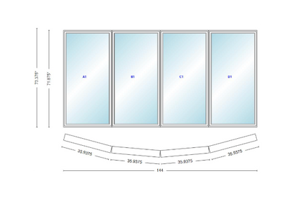 Andersen 400 Series 4 Wide Casement Bow Window 144" Wide Casements With Fixed Casement Flankers 10 Degree Angle Of Deflection Vinyl Exterior Wood Interior Low-E4 Dual Pane Argon Gas
