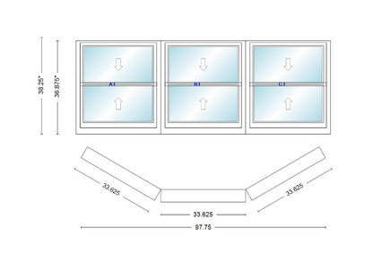 Andersen 400 Series Double Hung Bay Window 97 3/4" Wide Double Hung With Double Hung Flankers 30 Degree Angle Of Deflection Vinyl Exterior Wood Interior Low-E4 Dual Pane Argon Gas