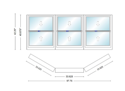 Andersen 400 Series Double Hung Bay Window 97 3/4" Wide Double Hung With Double Hung Flankers 30 Degree Angle Of Deflection Vinyl Exterior Wood Interior Low-E4 Dual Pane Argon Gas