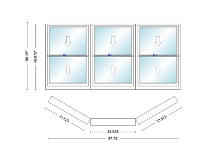 Andersen 400 Series Double Hung Bay Window 97 3/4" Wide Double Hung With Double Hung Flankers 30 Degree Angle Of Deflection Vinyl Exterior Wood Interior Low-E4 Dual Pane Argon Gas