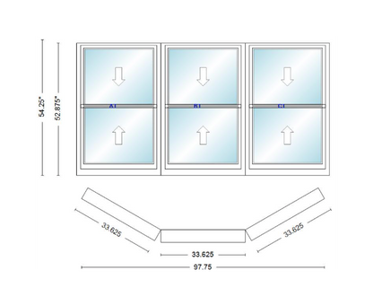 Andersen 400 Series Double Hung Bay Window 97 3/4" Wide Double Hung With Double Hung Flankers 30 Degree Angle Of Deflection Vinyl Exterior Wood Interior Low-E4 Dual Pane Argon Gas