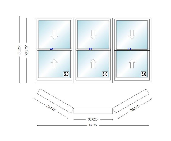 Andersen 400 Series Double Hung Bay Window 97 3/4" Wide Double Hung With Double Hung Flankers 30 Degree Angle Of Deflection Vinyl Exterior Wood Interior Low-E4 Dual Pane Argon Gas