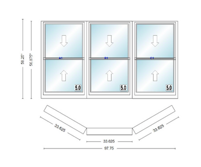 Andersen 400 Series Double Hung Bay Window 97 3/4" Wide Double Hung With Double Hung Flankers 30 Degree Angle Of Deflection Vinyl Exterior Wood Interior Low-E4 Dual Pane Argon Gas